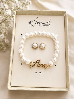 Kim Rogers White Pearl Bracelet & Gold 'Love' Charm with Pearl Studs